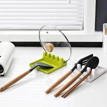Imagem de Kit 2 Apoios para Utensílios de Cozinha, Verde, Plástico Resistente, 13x14cm, Suporte para Colheres e Tampas de Panelas