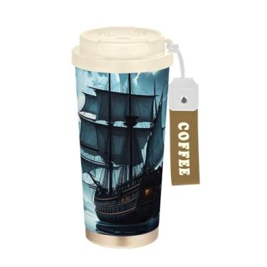 Imagem de TSENQUE Caneca de café de viagem 16+ Oz, copo de café com revestimento cerâmico com canudo e tampa, copo isolado a vácuo de aço inoxidável, navio oceânico preto noite