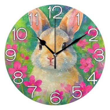 Imagem de GAIGEO Relógio de parede analógico decorativo estético silencioso sem tique-taque relógio de cozinha rústico, decoração de parede moderna sala de estar bonito coelho aquarela branco, 25 cm, ponteiros