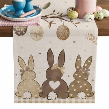 Imagem de Caminho de mesa de páscoa com laço coelhinho para mesa de primavera, 182 cm de comprimento, ramo de ovo de Páscoa, bege, xadrez, para jantar, cozinha, mesa, decoração de casa