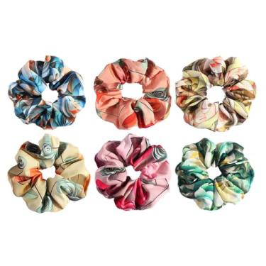 Imagem de Laços de cabelo femininos de chiffon floral - faixas elásticas para cabelos cacheados grossos, acessórios de flores para cabelo, 6 peças (6 peças)