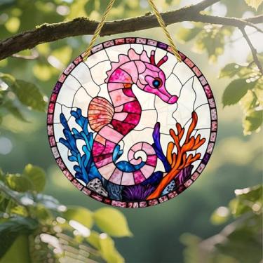 Imagem de Apanhador solar de acrílico colorido, cavalo-marinho de vitral com coral, janela suspensa de 18 cm, decoração de arte de parede com design de vitral impresso, ideia de presente e ornamento de jardim