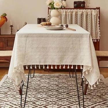 Imagem de 1 toalha de mesa de linho de algodão creme bege acabamento com franja macia texturizada europeia design vintage para sala de jantar, cozinha, decoração de casa, branca, 90 x 90 cm