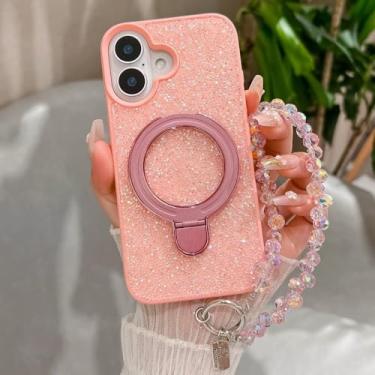 Imagem de Capa de celular com pulseira e contas de cristal Dazzle para iPhone 16, 15, 14, 13, 12, 11 Pro Max Plus, capa traseira com suporte magnético, rosa, para iPhone 16 Pro Max
