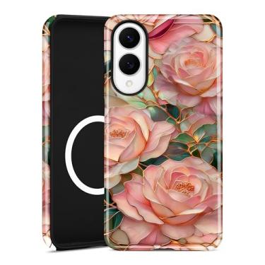 Imagem de Aitipy Capa magnética para Samsung Galaxy S25 Edge, compatível com MagSafe, linda estética vitral rosa design capa de telefone TPU macio e capa protetora de policarbonato rígido para mulheres e