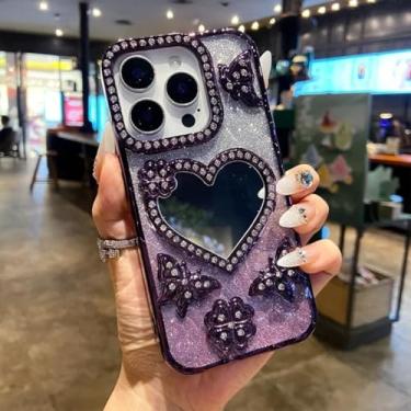 Imagem de HJZSZX Capa espelhada com glitter e coração para maquiagem, capa transparente de silicone macio com borboleta para iPhone 16 Plus (roxa)