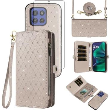 Imagem de Asuwish Capa de celular para Motorola Moto G Stylus 5G 2025 com zíper destacável carteira celular com protetor de tela brilhante alça transversal com glitter flip porta-cartão slot G5 mulheres homens