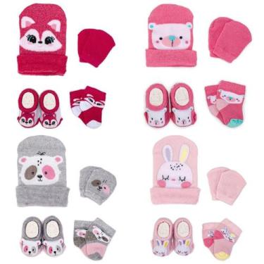 Imagem de Kit 4 Conjuntos Bebê Menina Recém-Nascido Touca Luva Meia e Pantufa Ma