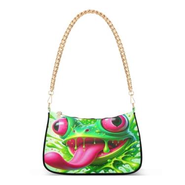 Imagem de Bolsa de ombro Splash Frog com corrente verde néon, bolsa de mão Hobo artística para mulheres, bolsa média moderna com estilo clutch