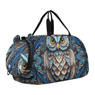 Imagem de Sacola de viagem com ursinho de pelúcia abraçando boneco de neve, bolsa de viagem infantil, bolsa esportiva para meninos, Coruja fresca azul vibrante, Clássico