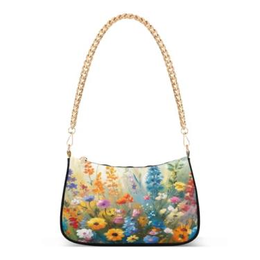 Imagem de Bolsa de ombro com corrente amarela floral floral colorida, bolsa feminina Hobo média, bolsa moderna para uso diário e noite