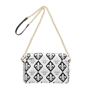 Imagem de Joitme Bolsa feminina transversal preta branca Fleur De Lis bolsa para celular bolsa de couro PU bolsa de ombro com alça de corrente