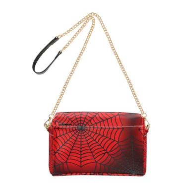 Imagem de Bolsa feminina preta vermelha brilhante de teia de aranha bolsa transversal para celular linda bolsa de ombro de couro PU com alça de corrente