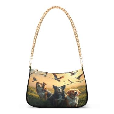 Imagem de Bolsa de ombro de corrente marrom com desenho de cachorro, filhote de cachorro, pássaro, bolsa de mão artística média para mulheres, bolsa Hobo fofa bolsa clutch