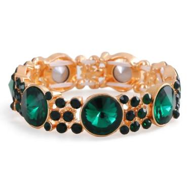 Imagem de LUREME Pulseira elástica larga de liga para mulheres, pulseiras elásticas de cristal para casamento, formatura, Standard, liga e strass, Sem Pedra Preciosa