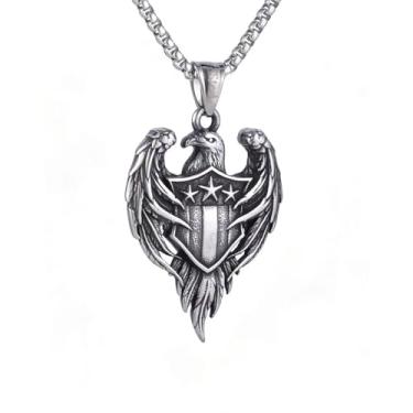 Imagem de Colar masculino com pingente de escudo de asa de águia dupla face, estilo patriótico gótico, aço inoxidável 316L, corrente quadrada de pérola de aço inoxidável, joia de amuleto estilo motocicleta