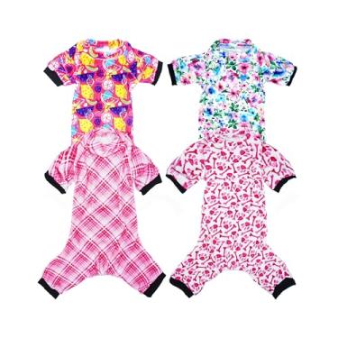 Imagem de PET SHOW Pacote com 4 pijamas para cães pequenos, roupas fofas de osso de pata para cães médios, pijamas macios e elásticos, macacão xadrez, estampa floral, frutas, macacão com manga, fantasia de