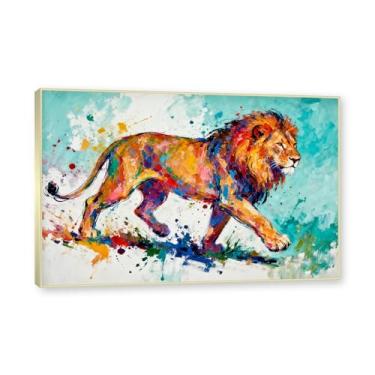 Imagem de NHLDZYH Moldura dourada. Quadro abstrato de leão - arte moderna com salpicos de cor vibrante - arte de parede energética para casa, escritório ou negócios - tela decorativa. A55. 80 x 120 cm.