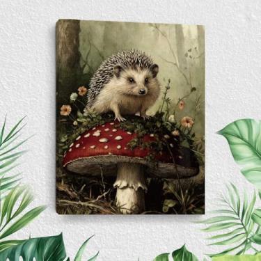 Imagem de Arte de parede em tela de ouriço vintage, cogumelo retrô, animal selvagem, ouriço, pinturas de parede, decoração de parede, imagens estéticas para casa de banho, cozinha, quarto, decoração de casa