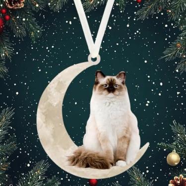 Imagem de Enfeites de acrílico para pendurar em árvore de Natal para gatos brancos sentados na lua, presentes para amantes de animais