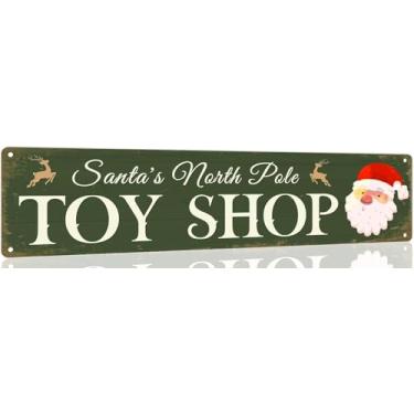 Imagem de Duetom Santa's North Pole Toy Shop Placa de metal de Natal impressão vintage pôster de arte placa de estanho para casa fazenda cozinha pátio quintal café bar porta da frente decoração de parede 10 x