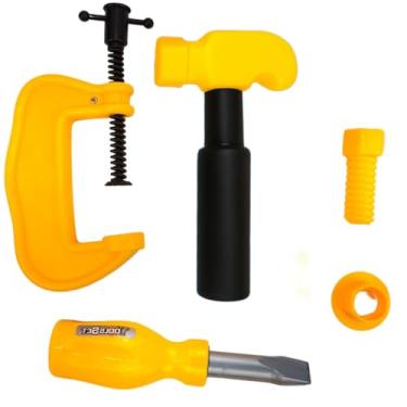 Imagem de Kit de Ferramentas Brinquedo Infantil, 5 Peças, Amarelo e Preto, Jogo Educativo de Construtor Carpinteiro com Martelo, Chave de Fenda, Grampo