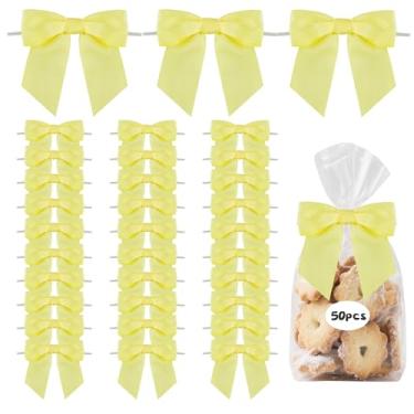 Imagem de TONIFUL 50 peças de laços de fita de cetim amarelo, laços torcidos de 11,4 cm para embrulhar presentes, bolos, artesanato, garrafas, árvore de Natal, casamento, chá de bebê, decoração de festa de