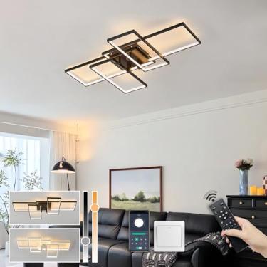Imagem de Luminária de teto moderna para sala de estar, com LED dimerizável, controle remoto e ajuste de altura. Ideal para quarto, escritório, cozinha e sala de jantar (preta, 90 cm de comprimento).
