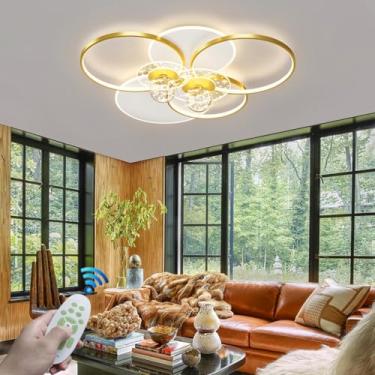 Imagem de Luminária de teto moderna em LED, criativa, em formato de anel, para sala de estar. Lustre dourado com intensidade regulável e controle remoto, função de luz noturna. Ideal para quartos de h