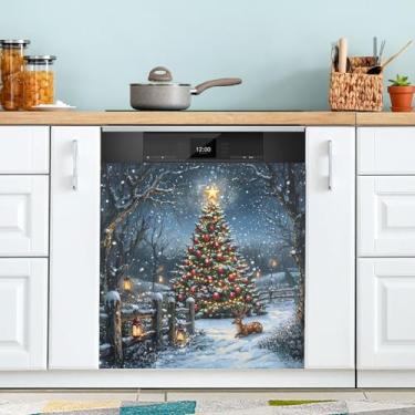 Imagem de xigua Capa magnética para máquina de lavar louça de veado de árvore de Natal, adesivos magnéticos decorativos antiarranhões para painel de geladeira e lava-louças, decoração personalizada de cozinha