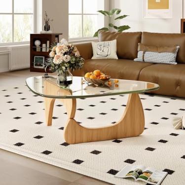 Imagem de Mesa de centro de vidro triangular moderna de meados do século, base de madeira maciça e vidro temperado transparente vintage, mesas de centro para sala de estar e varanda (madeira crua/transparente