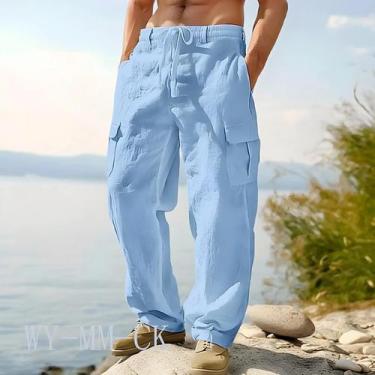 Imagem de Calças Casuais Masculinas De Algodão E Linho Com Múltiplos Bolsos, Est