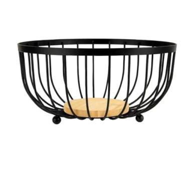 Imagem de Fruteira de Mesa Aramada em Ferro Preto e MDF, Cesto Organizador para Frutas e Pães, Estilo Industrial Rústico, 25x25x14.5cm