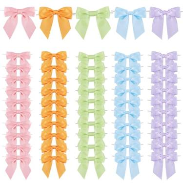 Imagem de TONIFUL 50 peças de laços de fita de cetim pastel de 5 cores, laços de amarrar macaron de 11,4 cm para embrulhar presentes, sacos de petiscos, bolos, artesanato, garrafas, Páscoa, Natal, casamento