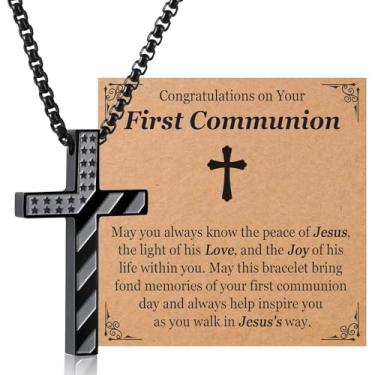Imagem de EPVIDO Colares de cruz para meninos adolescentes para batismo, primeira comunhão, presentes de confirmação, joias cristãs católicas de Páscoa, First Communion Gifts for Boys, Aço inoxidável, Sem Pedra