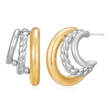 Imagem de MUYAN Brincos masculinos de argola grossa de dois tons torcidos para homens e mulheres, joias de metal misto, Latão, Sem pedra preciosa