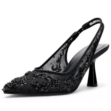 Imagem de Viciously Vixen Sapatos femininos de casamento para noiva, salto gatinho de 6 cm, escarpins, strass e salto de noiva bordado, sapatos elegantes para noite e festas, Bordado preto, 34