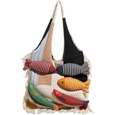 Imagem de 3D Fish Knitted Fringe Tote Bag, Lightweight Large Capacity Shoulder Bag With Fish Decoration, For Travel Vacation (White)