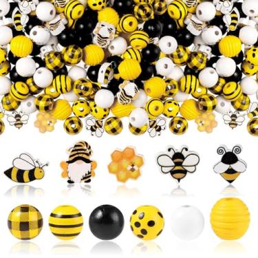 Imagem de 208 peças de contas de madeira de abelha favo de mel pote de madeira contas de madeira coloridas pintadas primavera verão kits de artesanato decorativo solto para artesanato faça você mesmo fazendo