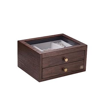 Imagem de Grande organizador de caixa de joias de madeira com gaveta exibição de vidro brinco de madeira anel colar caixa de armazenamento de joias caixão (madeira vermelha escura) (nogueira)