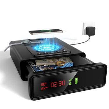 Imagem de XDeer Cofre inteligente biométrico com carregamento sem fio para telefone e relógio, 3 acesso rápido com gaveta de cabeceira, luz de LED, relógio digital seguro para armas
