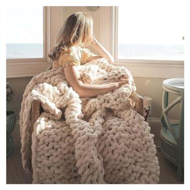 Imagem de Cobertor de malha grossa - Cobertor de malha de fio quente macio - Cobertor de tricô feito à mão Cobertor de crochê lavável na máquina - para sofá, cama e casa