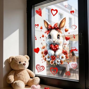 Imagem de Adesivos de janela de dia dos namorados fofo coelho com design de coração de laço reutilizáveis decalques de janela estática dupla face para decoração de portas de vidro de aniversário, feriado