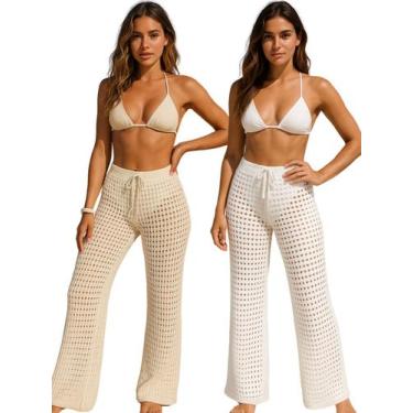 Imagem de Kit 2 Calça Saída De Praia Lisa Tricot Pantolona Crochê Tendência Moda