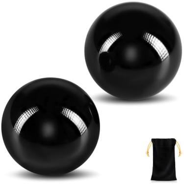 Imagem de Bolas de bala de obsidiana preta, bolas chinesas de massagem para exercícios de saúde com bolsa de transporte para alívio de estresse bolas de exercícios de mão (preto, 3,8 cm de diâmetro)