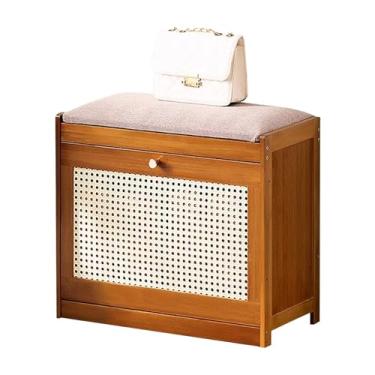 Imagem de Banco de madeira para sapatos com assento de almofada de linho, banco de armazenamento de entrada de madeira maciça rústica com porta - organize seus sapatos com estilo!