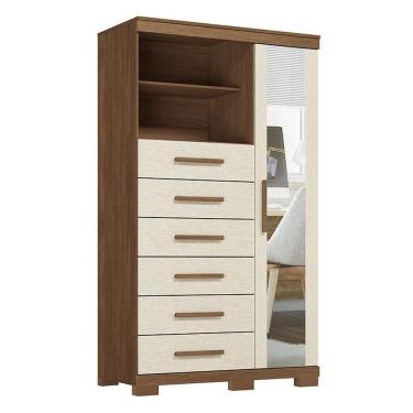 Imagem de Comoda 1 Porta 6 Gavetas Marabá Com Espelho E Pés Jatobá Areia Acetinado - Santos Andirá