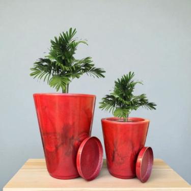 Imagem de Kit Jogo 2 Vasos Luxo Marmorizados N°1,2 Polietileno Planta Flor Jardim Varanda Moderno Elegante (Vermelho)
