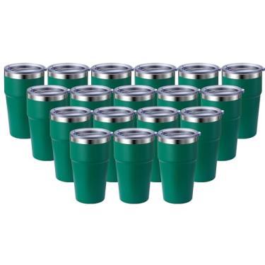 Imagem de MEWAY Caneca de viagem isolada a vácuo de parede dupla de 473 ml, copos de aço inoxidável com tampa, copos de café revestidos em pó para bebidas frias e quentes (verde, pacote com 18)