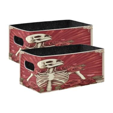 Imagem de xigua Conjunto de 2 caixas de armazenamento de esqueleto para o Dia dos Namorados, cubo de armazenamento dobrável, organizador de cestas de armazenamento para livros, prateleiras, armário, lavanderia